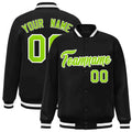 Custom Black & Neon Green & White Striped Trim Satin Full-Snap Varsity Jacket - front view