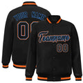Custom Black & Orange & Powder Blue Striped Trim Satin Full-Snap Varsity Jacket - front view