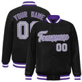 Personalized Black & Gray & Purple Striped Trim Satin Full-Snap Varsity Jacket - front view