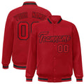 Custom Red & Black Striped Trim Satin Full-Snap Varsity Jacket - front view