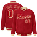 Custom Red & Khaki Striped Trim Satin Full-Snap Varsity Jacket - front view