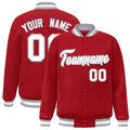 Personalized Red & White & Gray Striped Trim Satin Full-Snap Varsity Jacket - front view