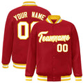 Custom Red & White & Gold Striped Trim Satin Full-Snap Varsity Jacket - front view