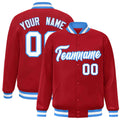 Personalized Red & White & Powder Blue Striped Trim Satin Full-Snap Varsity Jacket - front view