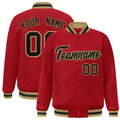 Custom Red & Black & Old Gold Striped Trim Satin Full-Snap Varsity Jacket - front view