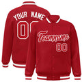 Custom Red & White Striped Trim Satin Full-Snap Varsity Jacket - front view