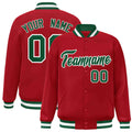 Custom Red & Green & White Striped Trim Satin Full-Snap Varsity Jacket - front view