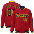 Custom Red & Navy & Gold Striped Trim Satin Full-Snap Varsity Jacket - front view