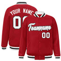 Personalized Red & White & Gray Striped Trim Satin Full-Snap Varsity Jacket - front view