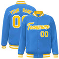 Custom Powder Blue & Gold & White Striped Trim Satin Full-Snap Varsity Jacket - front view