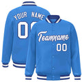 Personalized Powder Blue & White & Royal Blue Striped Trim Satin Full-Snap Varsity Jacket - front view