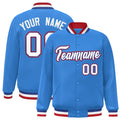 Personalized Powder Blue & White & Royal Blue Striped Trim Satin Full-Snap Varsity Jacket - front view
