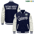 Custom Navy & White Faux Leather Sleeve Varsity Jacket for Reorder - front view