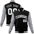 Personalized Black & Gray & White Color Block Cotton-Blend Full-Snap Varsity Jacket - front view
