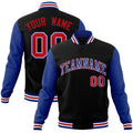 Personalized Black & Royal Blue & White Color Block Cotton-Blend Full-Snap Varsity Jacket - front view