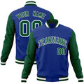 Personalized Royal Blue & Green & White Color Block Cotton-Blend Full-Snap Varsity Jacket - front view