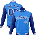 Personalized Powder Blue & Royal Blue & White Color Block Cotton-Blend Full-Snap Varsity Jacket - front view