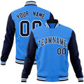 Personalized Powder Blue & Navy & White Color Block Cotton-Blend Full-Snap Varsity Jacket - front view