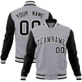 Custom Gray & Black & White Color Block Cotton-Blend Full-Snap Varsity Jacket - front view