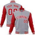 Custom Gray & Red & White Color Block Cotton-Blend Full-Snap Varsity Jacket - front view