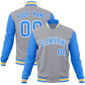 Custom Gray & Powder Blue & White Color Block Cotton-Blend Full-Snap Varsity Jacket - front view