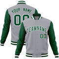 Personalized Gray & Green & White Color Block Cotton-Blend Full-Snap Varsity Jacket - front view