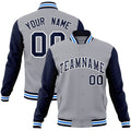 Custom Gray & Navy & White Color Block Cotton-Blend Full-Snap Varsity Jacket - front view