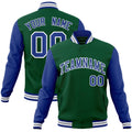 Personalized Green & Royal Blue & White Color Block Cotton-Blend Full-Snap Varsity Jacket - front view