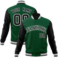 Custom Green & Black & White Color Block Cotton-Blend Full-Snap Varsity Jacket - front view