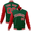 Custom Green & Red & White Color Block Cotton-Blend Full-Snap Varsity Jacket - front view