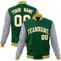 Custom Green & Gray & Gold Color Block Cotton-Blend Full-Snap Varsity Jacket - front view