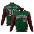 Personalized Green & Crimson & White Color Block Cotton-Blend Full-Snap Varsity Jacket - front view