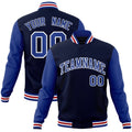 Custom Navy & Royal Blue & White Color Block Cotton-Blend Full-Snap Varsity Jacket - front view