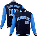 Personalized Navy & Powder Blue & White Color Block Cotton-Blend Full-Snap Varsity Jacket - front view