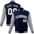 Custom Navy & White Color Block Cotton-Blend Full-Snap Varsity Jacket - front view