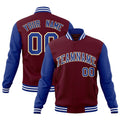 Custom Crimson & Royal Blue & Khaki Color Block Cotton-Blend Full-Snap Varsity Jacket - front view