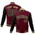 Custom Crimson & Black & Khaki Color Block Cotton-Blend Full-Snap Varsity Jacket - front view