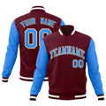 Personalized Crimson & Powder Blue & White Color Block Cotton-Blend Full-Snap Varsity Jacket - front view