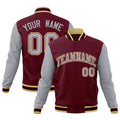 Custom Crimson & Gray & Khaki Color Block Cotton-Blend Full-Snap Varsity Jacket - front view