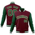 Custom Crimson & Green & White Color Block Cotton-Blend Full-Snap Varsity Jacket - front view