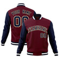 Personalized Crimson & Navy & White Color Block Cotton-Blend Full-Snap Varsity Jacket - front view