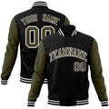 Custom Black & Olive & White Color Block Cotton-Blend Full-Snap Varsity Jacket - front view