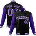 Custom Black & Purple & White Color Block Cotton-Blend Full-Snap Varsity Jacket - front view