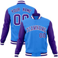 Personalized Powder Blue & Purple & White Color Block Cotton-Blend Full-Snap Varsity Jacket - front view