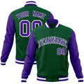 Custom Green & Purple & White Color Block Cotton-Blend Full-Snap Varsity Jacket - front view