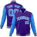 Custom Purple & Powder Blue & White Color Block Cotton-Blend Full-Snap Varsity Jacket - front view