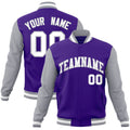 Custom Purple & White & Gray Color Block Cotton-Blend Full-Snap Varsity Jacket - front view
