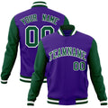 Personalized Purple & Green & White Color Block Cotton-Blend Full-Snap Varsity Jacket - front view