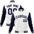 Personalized White & Navy & Gray Color Block Cotton-Blend Full-Snap Varsity Jacket - front view