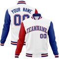 Personalized White & Royal Blue & Crimson Color Block Cotton-Blend Full-Snap Varsity Jacket - front view